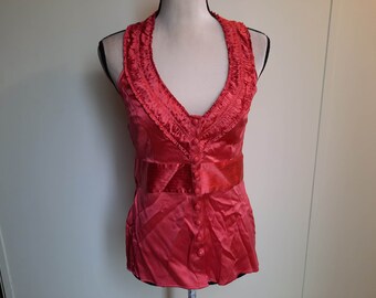 Y2K pink silky halter neck date night, party blouse deadstock