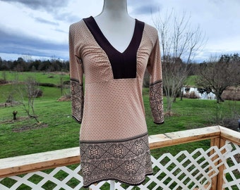 brown floral polka dot Y2K short dress or long blouse boho hippie