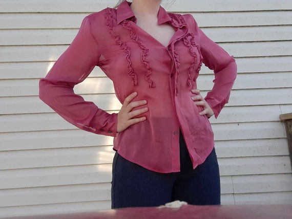 Y2K pink sheer ruffled button up blouse - image 1