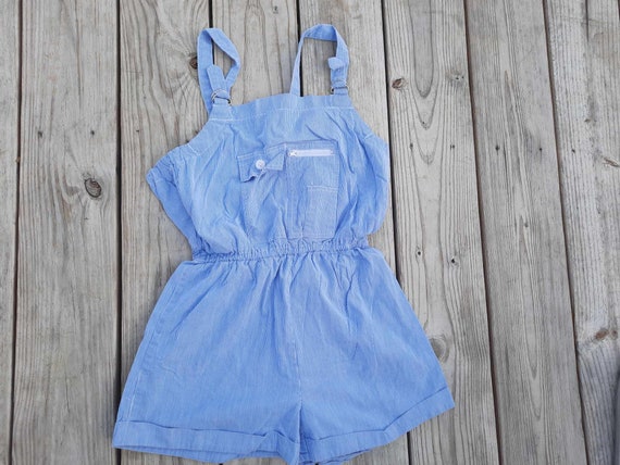 1980s blue and white striped short overalls - image 1