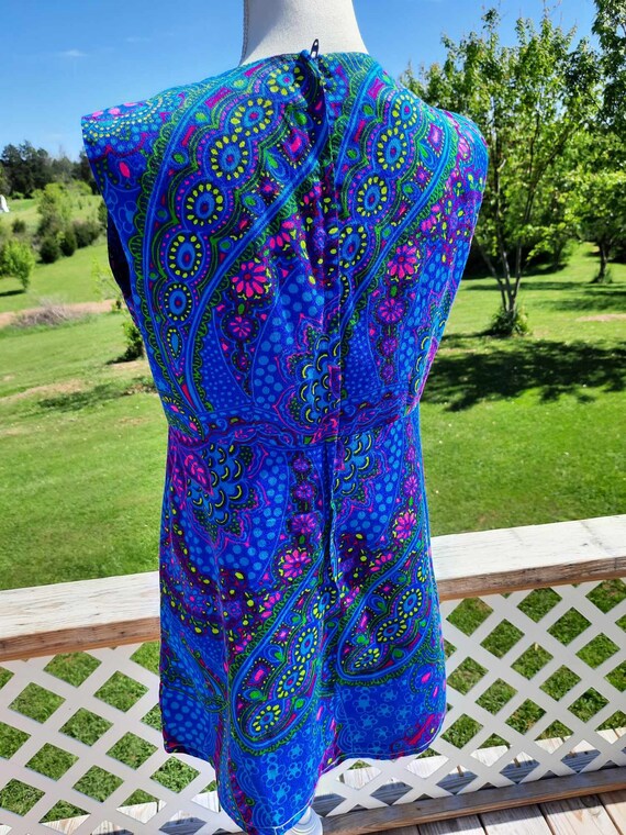 VINTAGE 60s 70s PINK BLUE PSYCHEDELIC ACANTHUS FLORAL PETER PAN COLLAR DRESS 10 main image 1