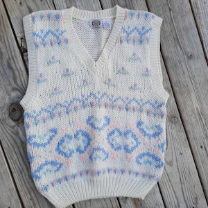 1980s pastel pink, white, purple, and blue sweater vest image 1