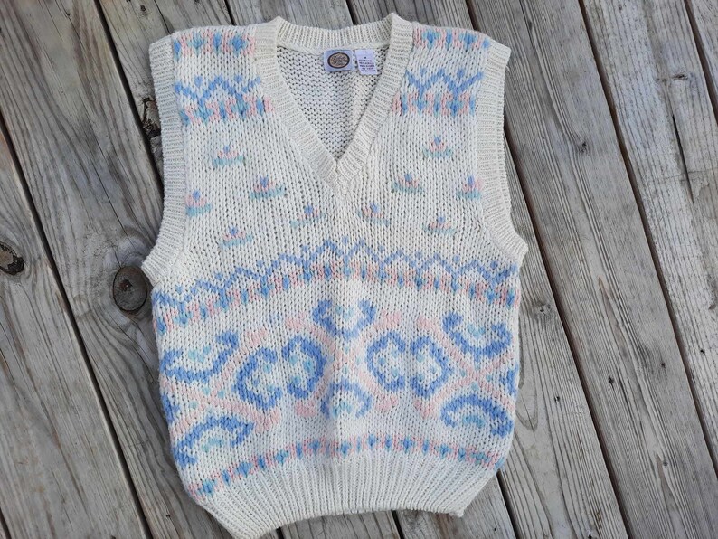 1980s pastel pink, white, purple, and blue sweater vest image 1