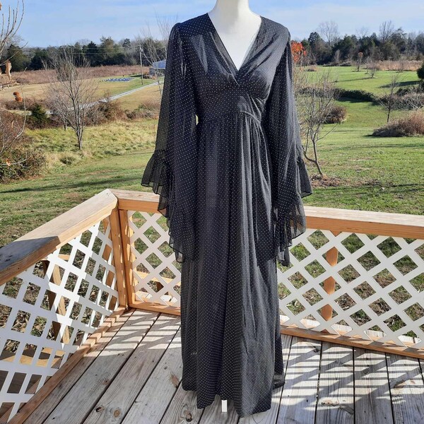 Gorgeous 1970s Swiss polka dot black and white angelic angel sleeve maxi dress