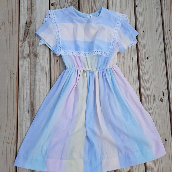 1980s-1990s pastel rainbow lace blue, pink, green, peach dress