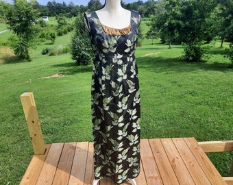 1950s-1960s green and black leafy dinner party maxi dress