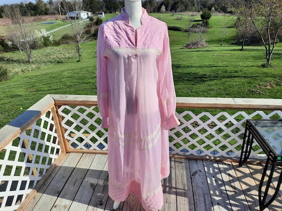 1970s homemade sheer pink white lace maxi dress p… - image 1