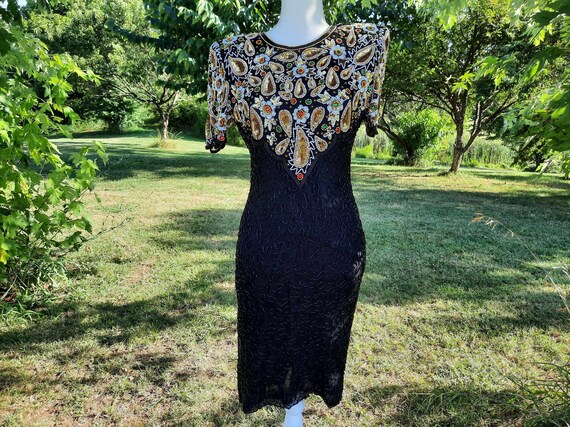 1980s Fernando Pena Gold & Pink Bead Sequin & Net Dress