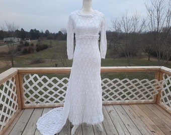 1960s-1970s stunning homemade white crochet wedding dress with train