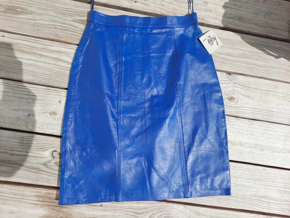 1980s bright blue leather skirt - image 1