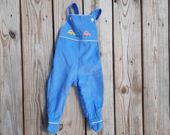 Adorable 1970s-1980s blue VW Bug car embroidered overall pastel