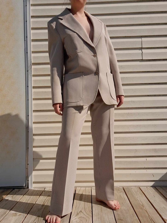 1970s beige and white striped Donegal mens suit