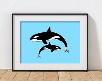 Two Orcas Print. Sea art - animal -Sea life art - art print - home decor - Illustration - sea  - wall decor - sea print - animal art - whale