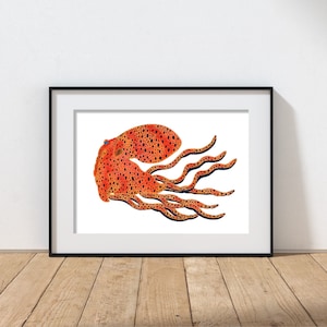 Poulpe orange . Art pour enfants - Vie marine - Art de la vie marine - impression marine - art de la mer - Illustration - impression d’art - décor mural.