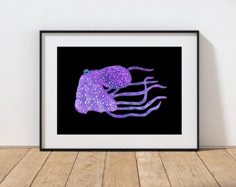 Baby pink Octopus . Sea art - animal - Sea life art - Ocean print - home decor - Illustration - sea  - wall decor - sea print - animal art.
