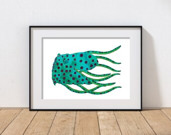 Turquoise pink ringed Octopus print. sea art - marine life - sea life art - ocean print  - illustration - art print - wall decor.