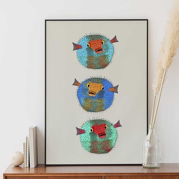 Three Pufferfish . Kids art - Marine life - Sea life art - Ocean print - art for children - Illustration - art print - wall decor - nursery.