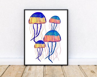 Jellyfish print . Kids art - Marine life - Sea life art - Ocean print - art for children - Illustration - art print - wall decor - nursery.