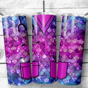 Nurse Caregiver Doctor CNA Mermaid Glitter Scrubs 20oz Straight And Tapered Tumbler Templet Design PNG File