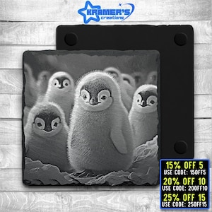 May include: Black and white photo of a group of baby penguins on a slate coaster. The coaster is a square shape with rounded corners. The image is in focus and the penguins are the main subject of the photo.