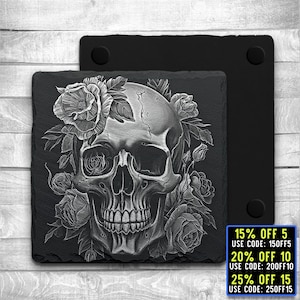 Laser Ready 3 Files Skull Flowers Coaster Engraving- Digital JPG, PNG, SVG File