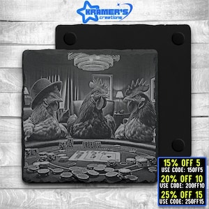 Posavasos con grabado de pollos jugando al póquer, listo para láser, 3 archivos: archivo digital JPG, PNG y SVG