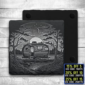Laser Ready 3 Files Camper In Woods Coaster Engraving- Digital JPG, PNG, SVG File