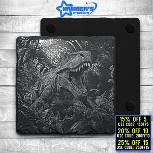 Laser Ready 3 Files T-Rex In Jungle Coaster Engraving- Digital JPG, PNG, SVG File