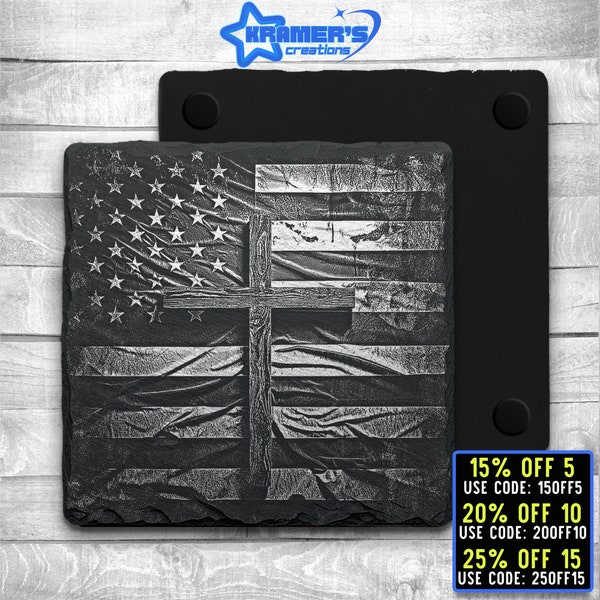 Glowforge Laser Ready 3 Files Cross And American Flag Coaster Engraving- Digital JPG, PNG, SVG File