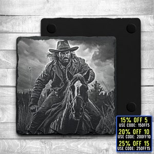 Laser Ready 3 Files Cowboy Riding Horse Coaster Engraving- Digital JPG, PNG, SVG File