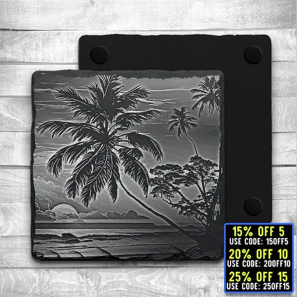 Glowforge Laser Ready 3 Files Palm Trees Beach Coaster Engraving- Digital JPG, PNG, SVG File