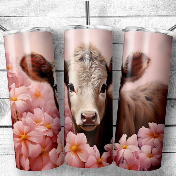 Baby Cow Pink Flowers 20oz Straight And Tapered Tumbler Templet Design PNG File