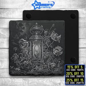 Laser Ready 3 Files Lantern With Flowers Coaster Engraving- Digital JPG, PNG, SVG File