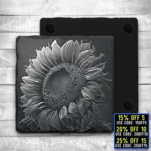 Laser Ready 3 Files Sunflower Coaster Engraving- Digital JPG, PNG, SVG File
