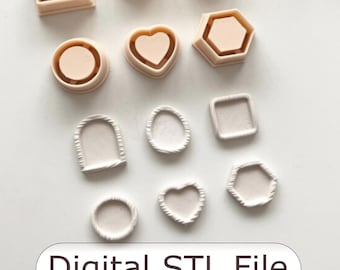 May include: A collection of beige-colored, geometric-shaped objects, including squares, circles, and hearts, arranged on a white surface. The text "Digital STL File" is displayed in a white oval. These objects appear to be 3D printing models.