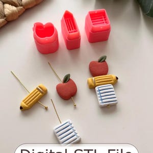 May include: A collection of pink plastic cutters in heart, rectangle, and square shapes. Also, miniature school-themed charms, including apples, pencils, and notebooks, with gold-colored pins. The text "Digital STL File" is displayed.
