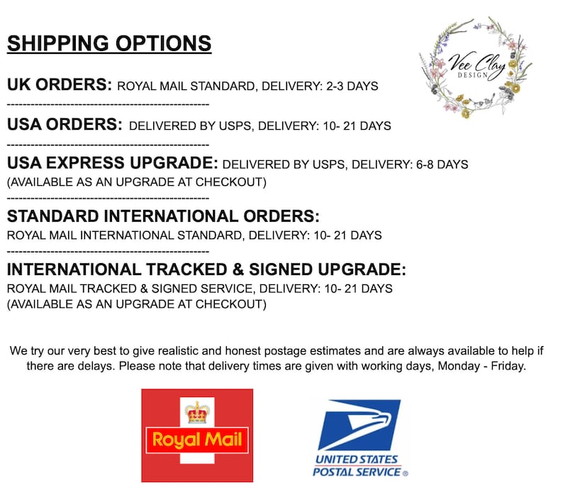 May include: Shipping options for UK and USA orders, including standard and express shipping options.  Also includes international shipping options with standard and tracked and signed service.  The image includes logos for Royal Mail and the United States Postal Service.