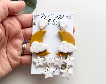 Moon Star&Cloud Earrings Polymer Clay⎟Botanical Earrings⎟Polymer Clay Earrings⎟Statement Earrings⎟Floral⎟Handmade⎟Lightweight