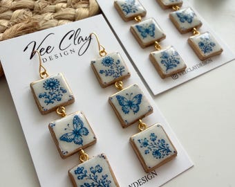 Kolczyki Vintage Butterfly Tiles #2, ręcznie robione, kwiatowe kolczyki z gliny polimerowej