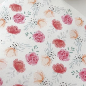 May include: A seamless pattern featuring watercolor illustrations of pink and peach flowers with green leaves on a white background.