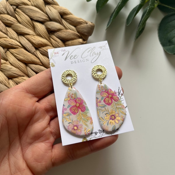 Teardrop Flower Water Colour Polymer Clay Earrings⎟ Botanical Earrings⎟Polymer Clay Earrings⎟Statement Earrings⎟Floral⎟Handmade⎟Lightweight