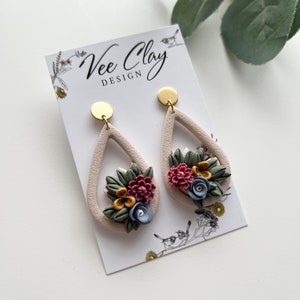 Handmade Teardrop Polymer Clay Earrings: Embossed Floral Statement