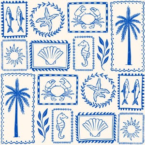 May include: A cream-coloured background with a repeating pattern of blue marine illustrations. The design features fish, starfish, crabs, seahorses, palm trees, shells, and suns, each within decorative borders. The style evokes vintage nautical art.