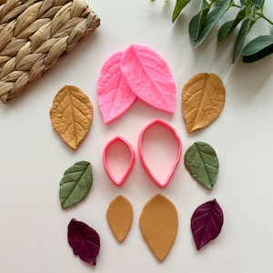 Puede incluir: Un surtido de moldes y cortadores con forma de hoja en varios colores, incluyendo rosa, verde, dorado y burdeos. Los moldes tienen patrones de venas detallados, y los cortadores son de diferentes tamaños. Una cesta tejida está en la esquina superior izquierda.