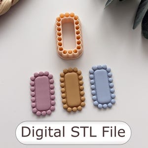 Puede incluir: Un conjunto de cortadores de galletas rectangulares en varios colores: melocotón, lavanda, marrón claro y azul claro. Cada cortador tiene un borde con cuentas. La imagen también incluye el texto "Digital STL File".