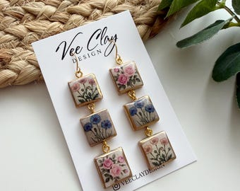 Kolczyki Vintage Flower Tiles #1, ręcznie robione kolczyki z kwiatowym wzorem z gliny polimerowej