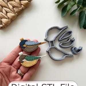 Pode incluir: Dois ornamentos de pássaros bordados em azul, amarelo e verde, ao lado de um conjunto de cortadores de biscoitos em forma de pássaro cinza. O texto "Digital STL File" é exibido na parte inferior. Os ornamentos são segurados em uma mão.