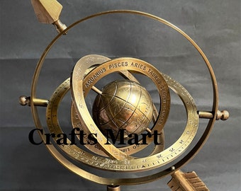 Sphère armillaire en laiton avec flèche, cadeau astrolabe nautique, globe gravé, décor de table, globe armillaire marin, cadeau Saint-Valentin, cadeau pour lui