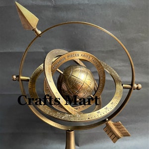 Brass Armillary Sphere with Arrow Nautical Astrolabe gift Engraved globe table décor Marine Armillary globe Valentine Gift, Gift For Him