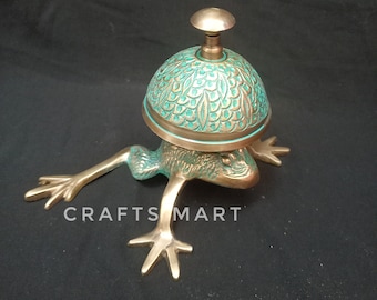 Brass Frog Desk Bell: Ornate Green Antique Finish